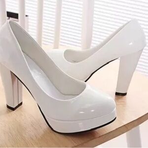 White Platform Block Heel Pumps - Women